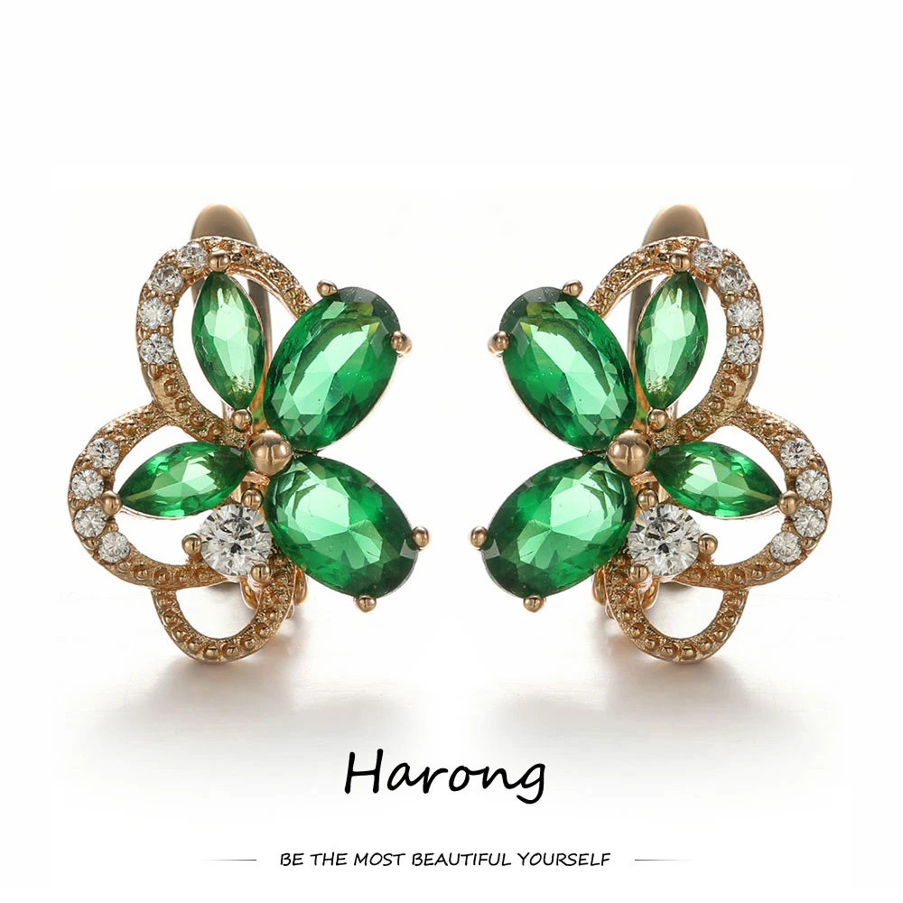 

Harong Natural Crystal Zircon Stud Earrings Exquisite Flower Shape Green Stone Metal Ear Clip Jewelry Gift for Women Wedding