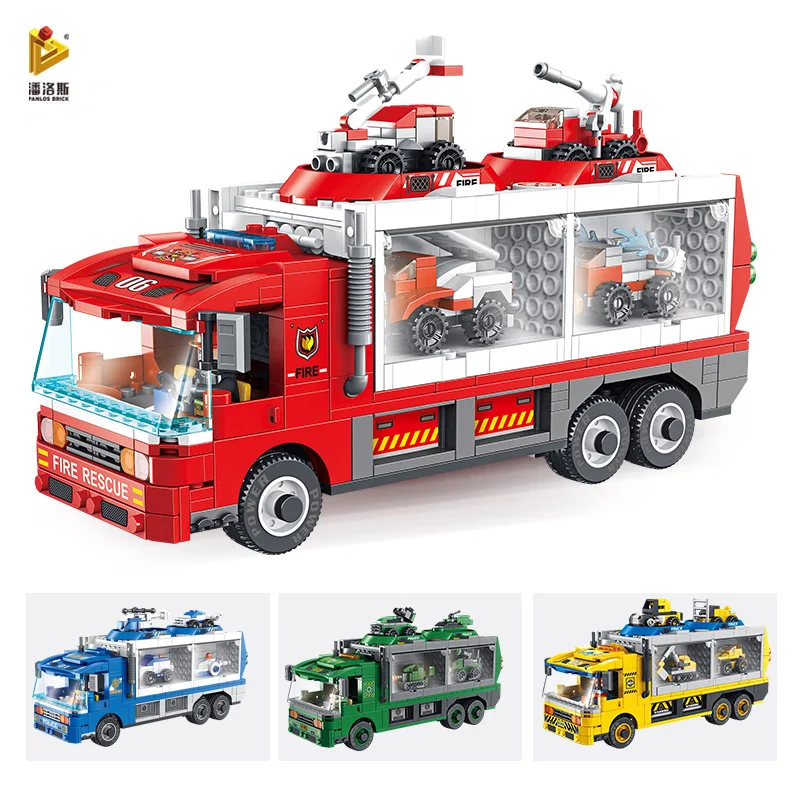 

6 IN1 Fireman Engineering Vehicle 655 PCS Police Deformation Robot Storage Building Block Car Children's Toy Sticker Gift Brick