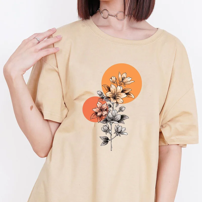 

Vintage Flower Graphic Tee Retro Style 100 Cotton O Neck Aesthetic Kawaii Grunge Khaki Women T-Shirt