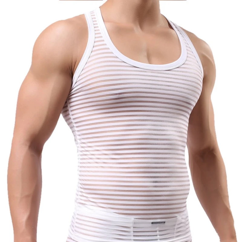 Мужская сетчатая майка AIIOU черная дышащая в полоску Прозрачное нижнее белье