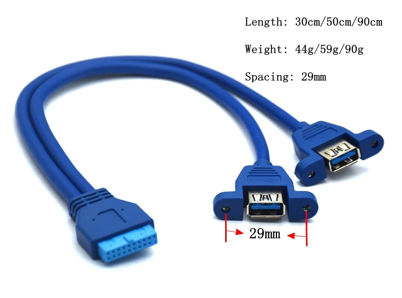 

USB 3.0 Motherboard 19pin 20pin to USB 3.0 Female Dual Ports extension cable cord 30cm 50cm 80cm 1ft 2ft with Screw Mount Type