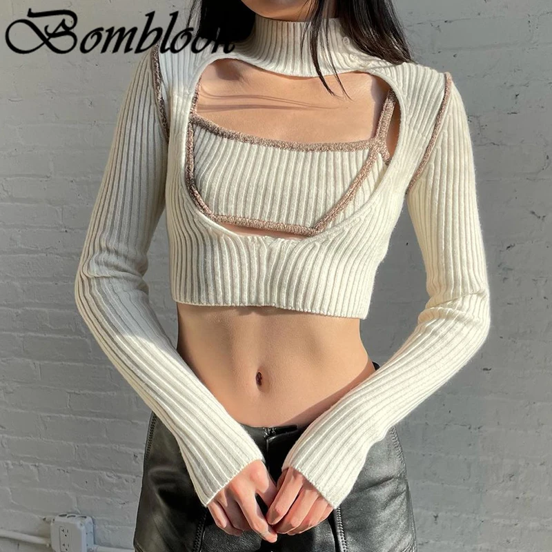 

Bomblook Casual Fashion Women's Solid Tops Summer 2021 Camisole O-neck Cut Out Long Sleeve 2 Piece Crop Tops Female Streetwears