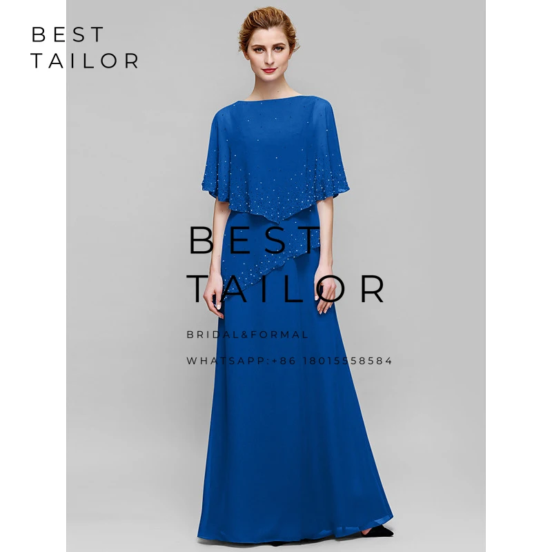 

Blue Mother of the Bride Dresses for Weddings 2021 Floor Length Capelet Sparkly Wedding Party Gowns Farsali Vestidos De Madrinha