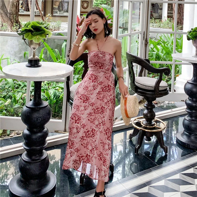 

Luxury Summer Sexy Sleeveless Dresses Women Halter Strapless Party Roses Print Pink Dresses Femme Clothes Beach Ladies Dresses