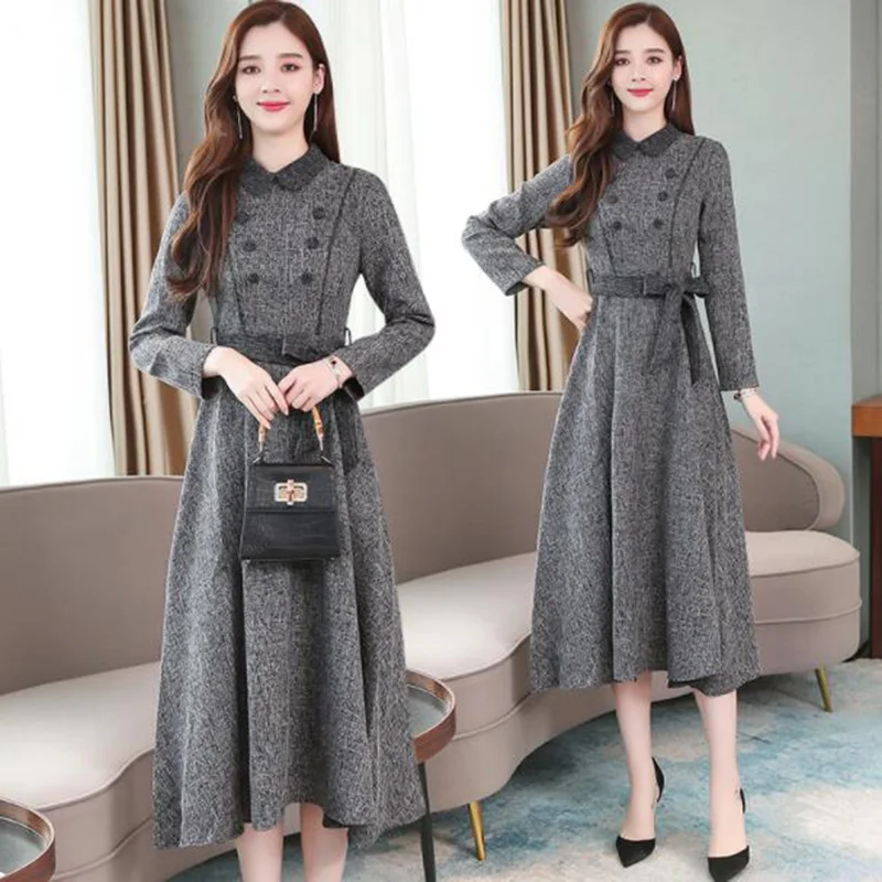 Женское винтажное однотонное платье миди размера плюс 2XL на осень и зиму серое