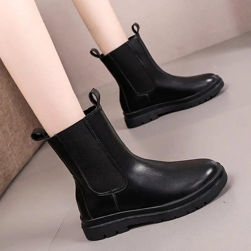 Womens Leather Boots British Style Leather Boots Sleeve Martin Boots Non-slip Warm Low-heeled Womens Shoes