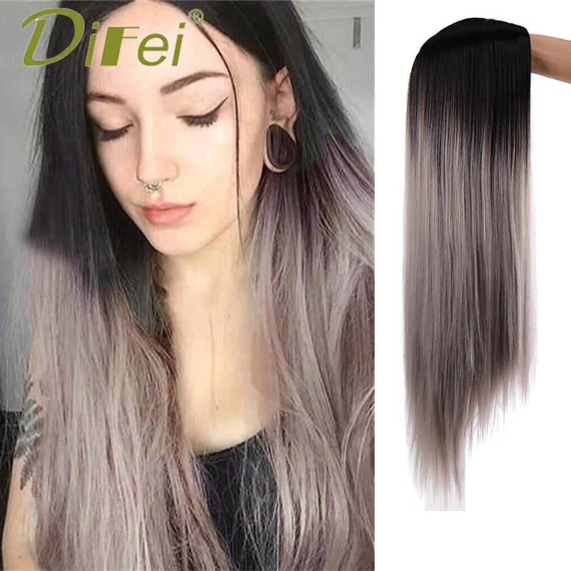 DIFEI Synthetic70CM Long Straight Black Gradient Pink White Wig Women's Mid-section Heat-resistant Headgear Wig Daily Party Wear