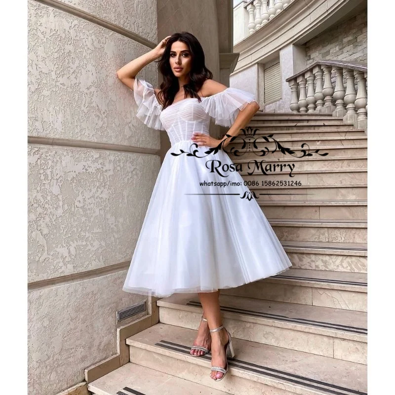 

White Plus Size Short Wedding Dresses 2021 A Line Off Shoulder Country Beach Tea Length Cheap Robe De Mariage Bridal Gowns