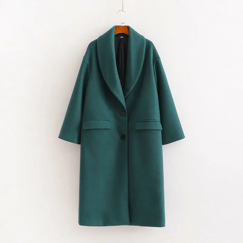 Ретро элегантное женское зеленое длинное шерстяное пальто с широким воротником