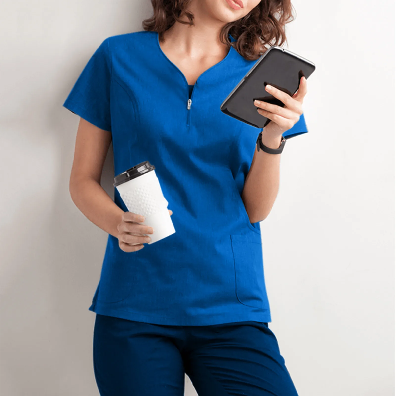 

Stretch V-Neck Scrub Top for Women Solid Short Sleeve T-Shirt Beauty Salon Nurse Uniform with Pocket Care Workers Blouse