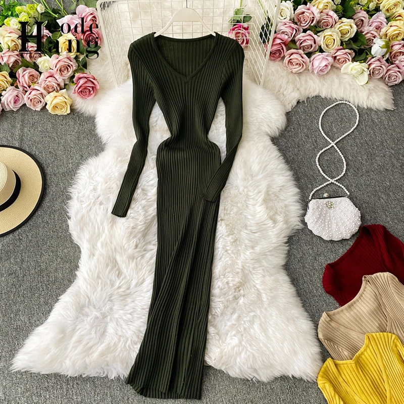 

HangCode Knitted Dress Women Casual Full Sleeve Slim Elastic Sweater Dress Female 2021 Autumn Basic Long Bodycon Dress Korean