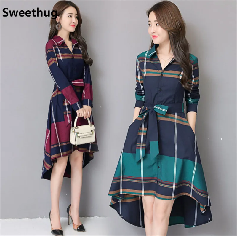 

2020 Spring Vintage Plaid Dress Dress Woman Elegant Irregular Women Lady Office Party Long Sleeve Dress Vestido