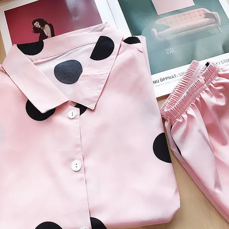 

Korean Pajamas for Women Summer Silk Cute Polka Dot Print Sleepwear Plus Size Loose Lapel Pyjamas Girls Sweet Pijamas Home Suit
