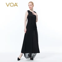 voa silk jacquard o neck party dresses sleeveless mysterious black georgette three dimensional stitching decorative dress ae917