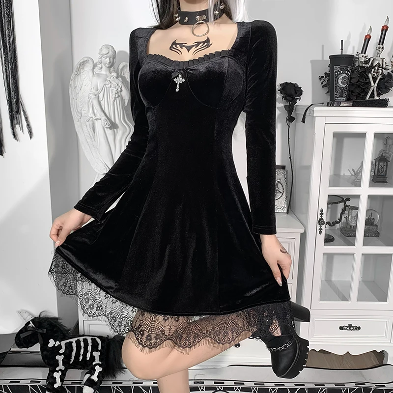 

H&JACKY Goth Vintage Black Mini Dress Aesthetic Elegant Cross Pendant High Waist Dress Streetwear Long Sleeve Party Dresses