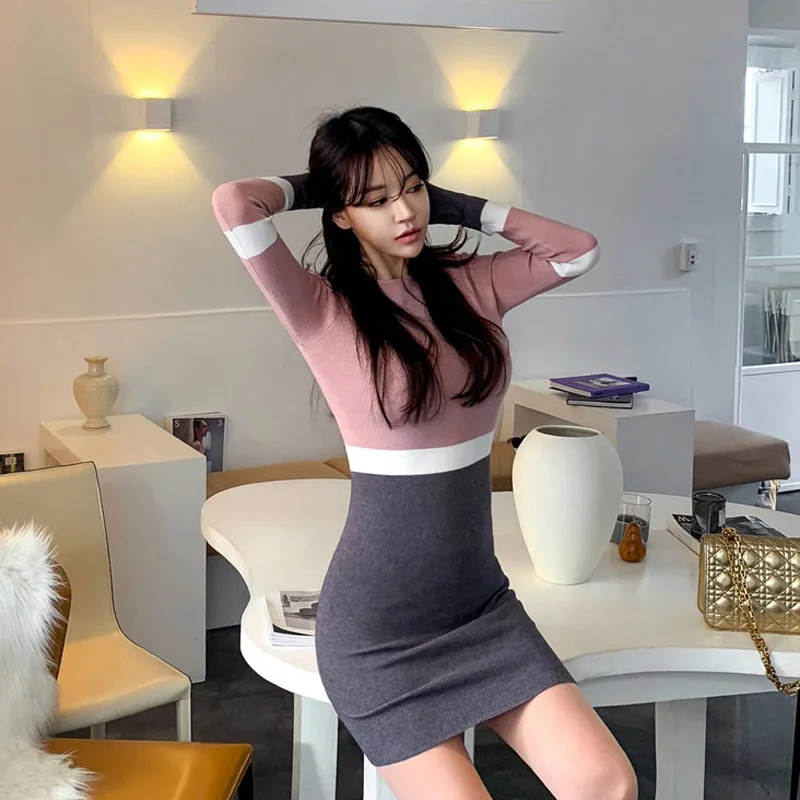 womens autumn winter sweaters clothing new 2019 O neck jumper pullovers long sleeve Sexy Korean Bandage Mini femme Knitted dress | Женская
