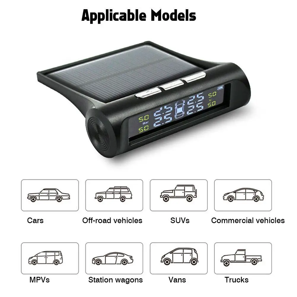 

TPMS Tire Pressure Monitoring System For Car Truck SUV Solar or USB Powered with External and Internal Sensors 6 Alarm Modes