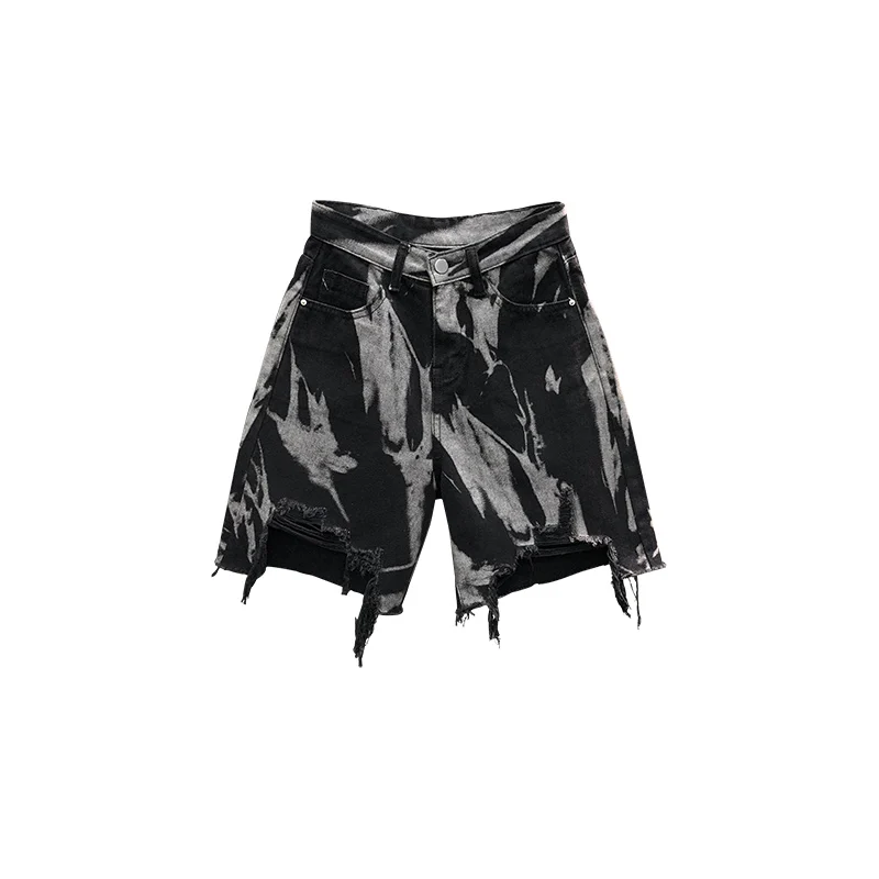 

Tie Dyed Cropped Denim Shorts for Women 2021 Summer Fashion High Waist Slimming Jean Shorts Lady Straight Short Pants