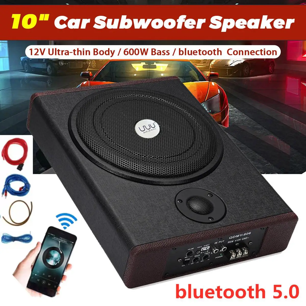 

Upgrade 600W 10Inch bluetooth 5.0 Car Amplifier Subwoofer Car Audio Slim Under Seat Active Subwoofer Bass Speaker Car Subwoofers