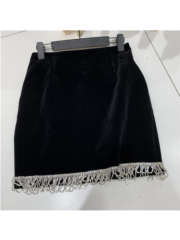 

Heavy craftsmanship diamond-studded tassel velvet suit collar short coat ladies autumn new style + high waist skirt suit