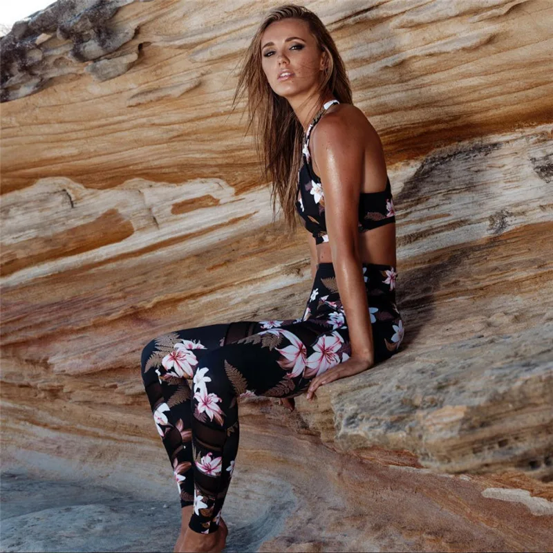 

Yoga Pants Women Running Tights S-XL Sport Fitness Leggings Stretching Mesh Patchwork Gym Tights Flower Jogging Workout Pants