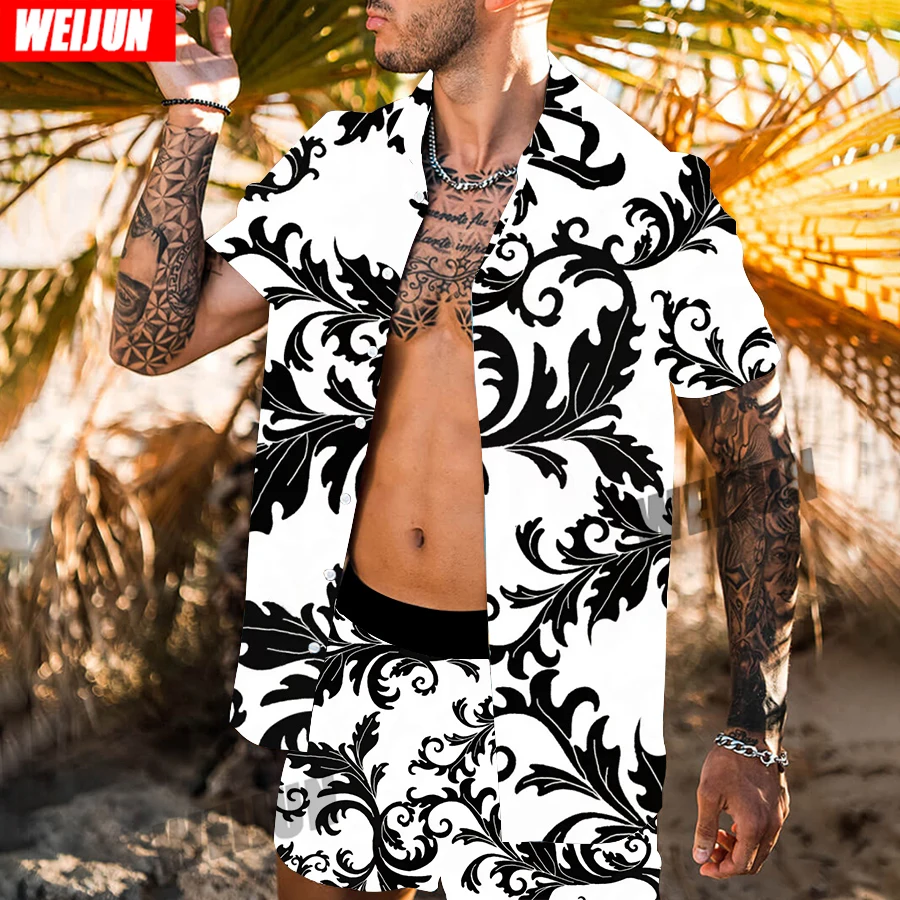 

Fashion floral rattan print Hawaiian men's beachwear short-sleeved lapel summer shirt shorts suit plus size beachwear