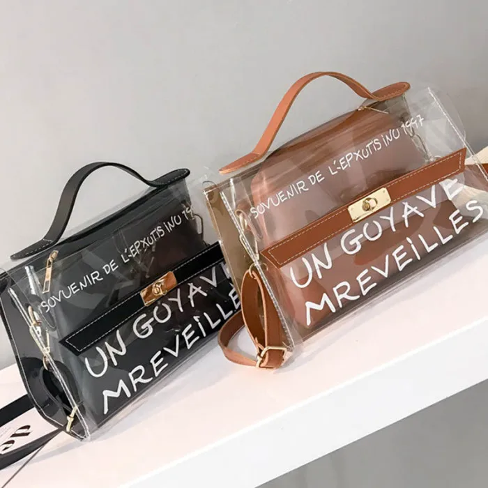 Women Composite Bags PVC Transparent Handbag Letters Printed PU Leather Purse Shoulder Bag-OPK