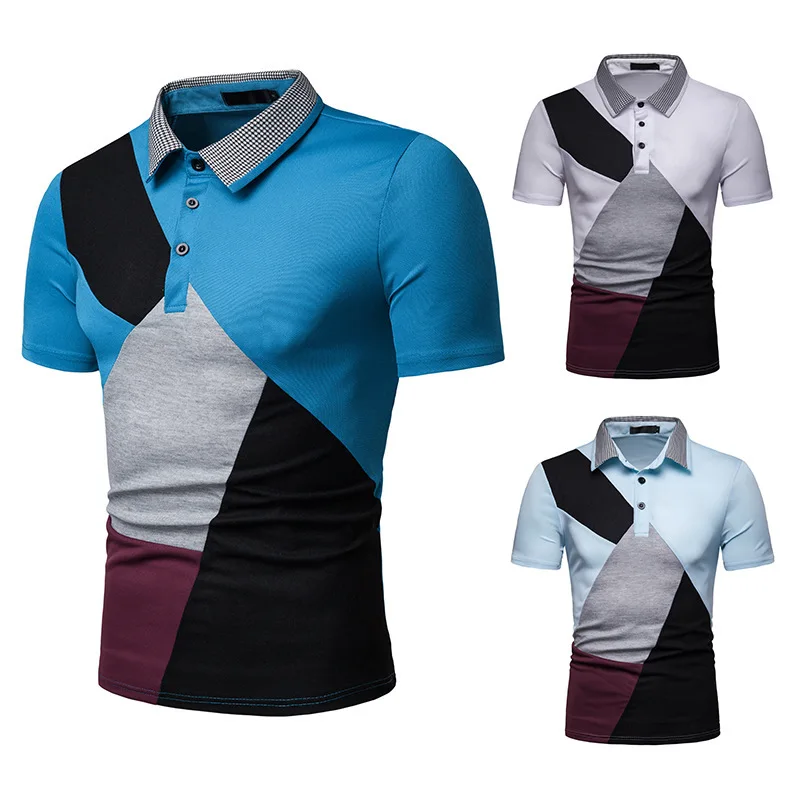 

Cross-Border E-Commerce New Men's European Code Houndstooth Color Matching Short-Sleeved Polo t Shirt D02