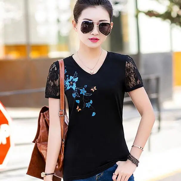 Футболка размера плюс женские топы лето 2020 кружевная футболка с цветочным