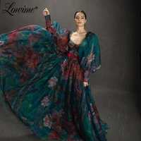 lowime floral print long party dress custom made long sleeves women evening dresses 2021 a line prom dress celebrity gowns robes