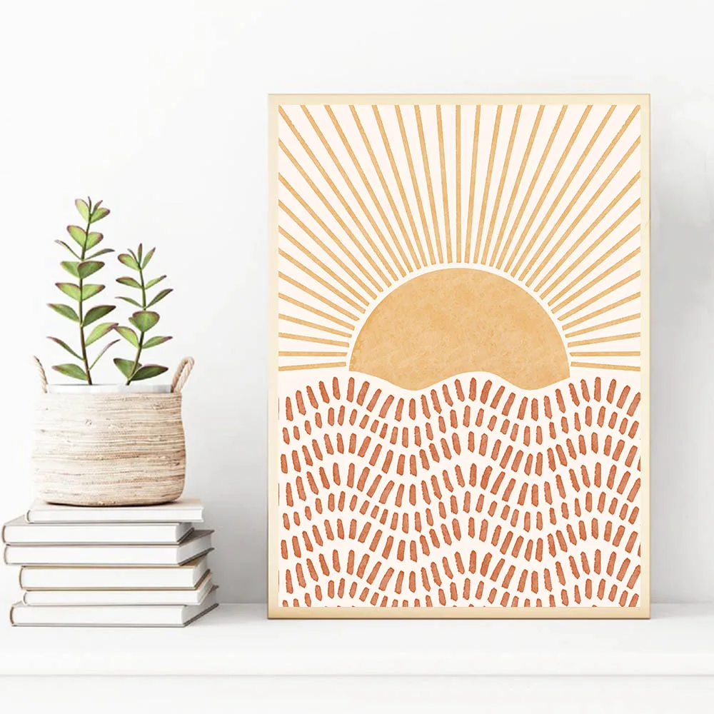 Абстрактная картина восходящего солнца в богемном стиле простой бежевый постер