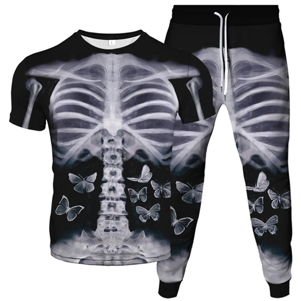 

Holloween Men Women Punk Gothic Style Tracksuit Skeleton Butterflies Flower Weed Heart Finger Clothes T-Shirt+Long Pants 2pc Set