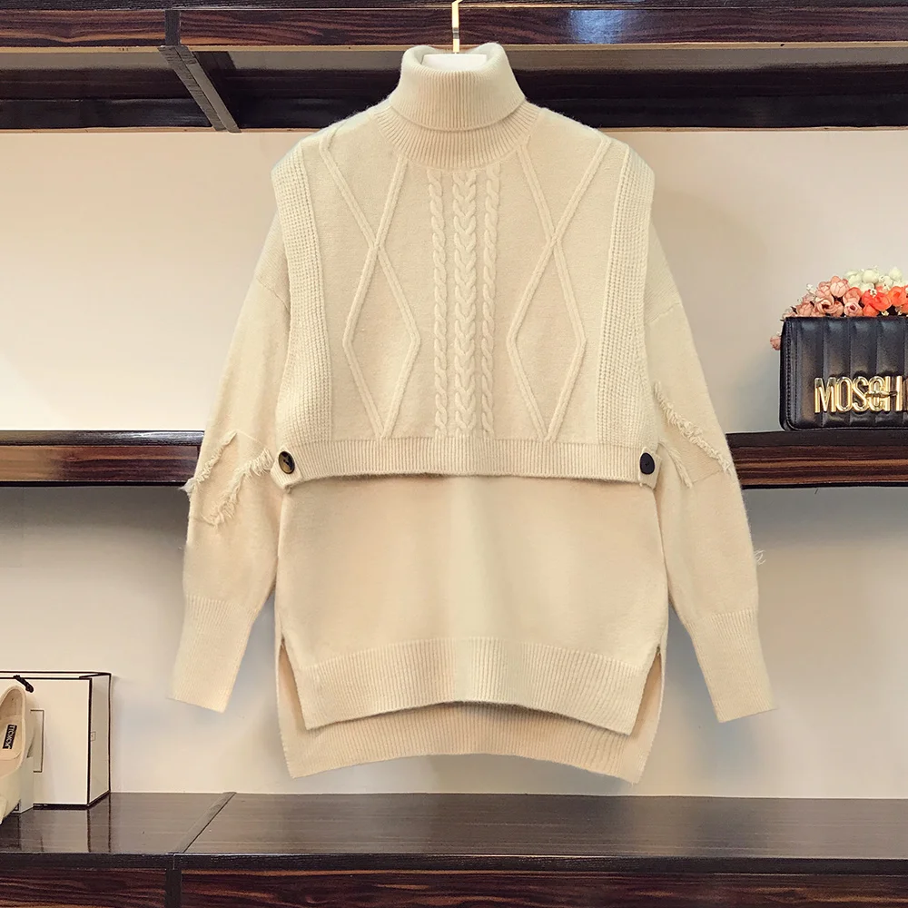 

Plus Size New Winter Spring Women Sweater Pullovers Irregular Buttons Minimalist Oversize Knitted Elegant Ladies Jumpers Sets
