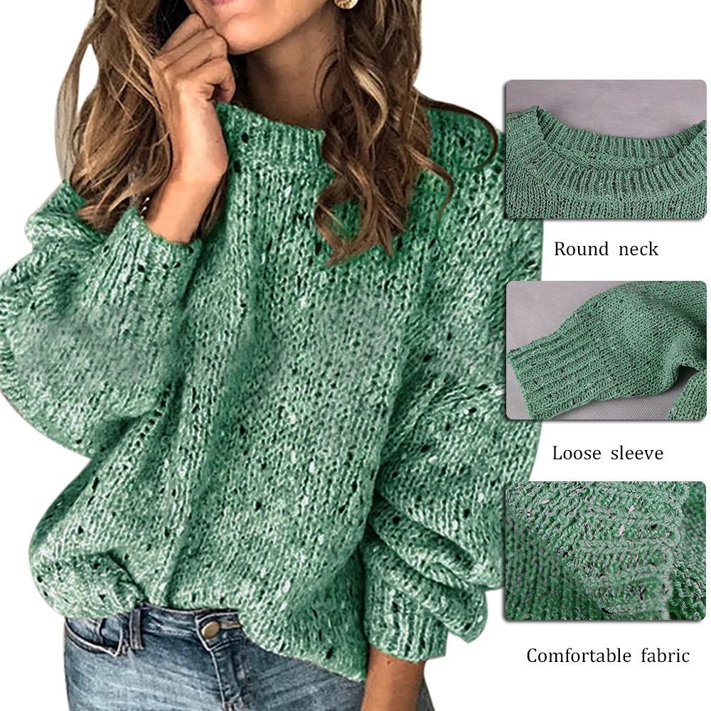 Fashion Ladies Full-sleeved Women's Retro Sweater Solid Color O-neck Sets Of Sequins Sweaters And Pullovers Loose Winter | Женская