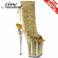 new style fashion party pole dance shoes gold bling crystal 8 inch peep toe thin heels thick 20cm ankle boots for women show