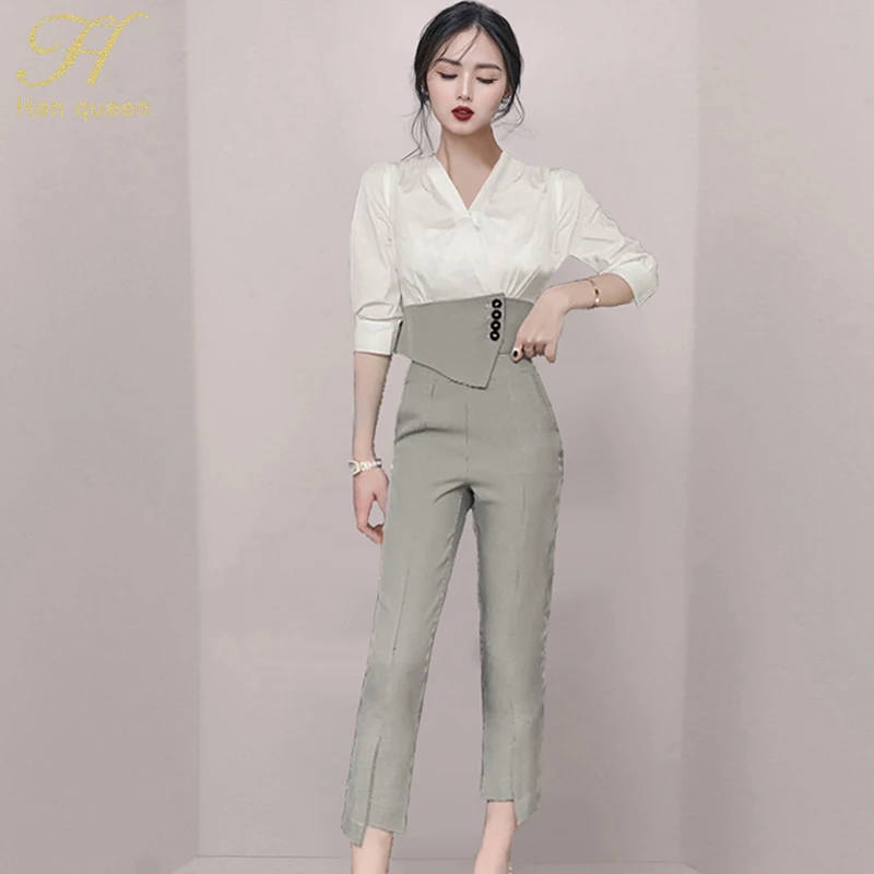 

Женский офисный костюм из 2 предметов H Han Queen, элегантный укороченный топ и простые брюки-карандаш, офисный деловой костюм из твида «гусиная ...