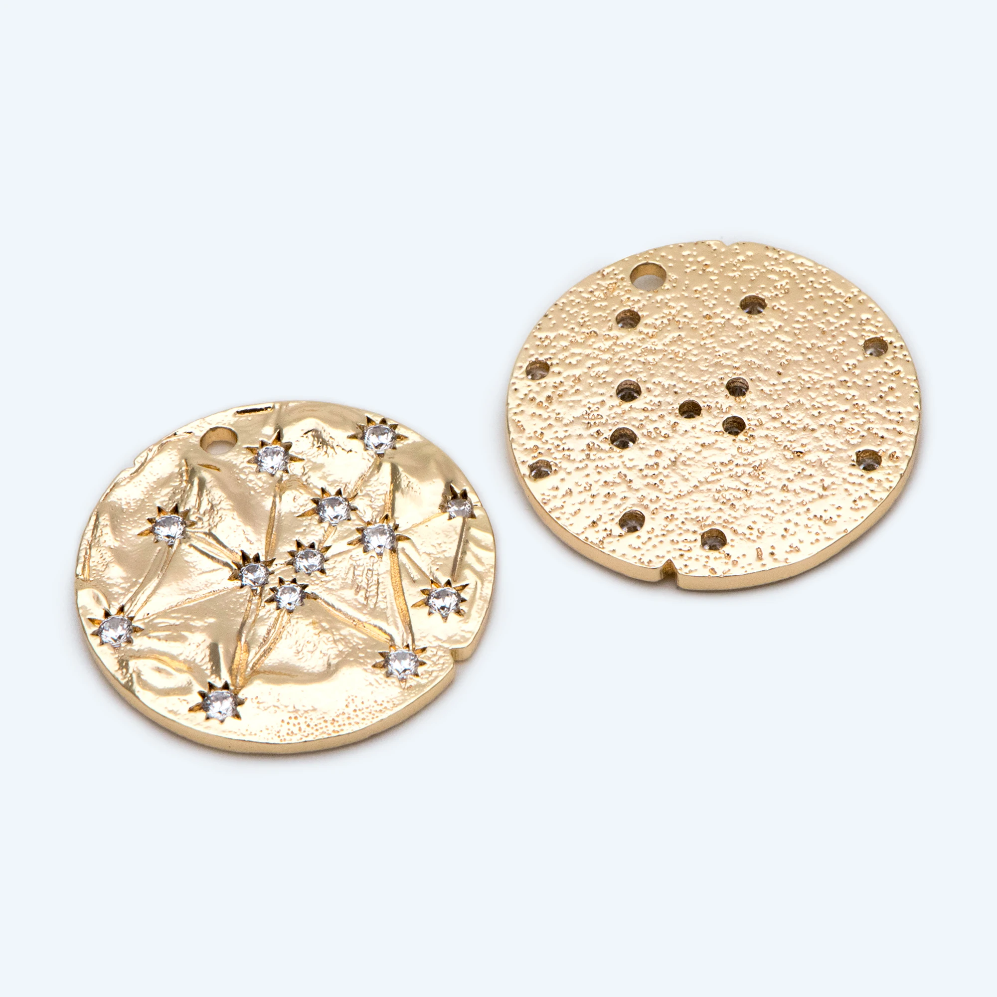 

4pcs CZ Paved Star Disc Charms, 23mm, 18K Gold Plated Brass, Hammered Disk Pendants (GB-2307)