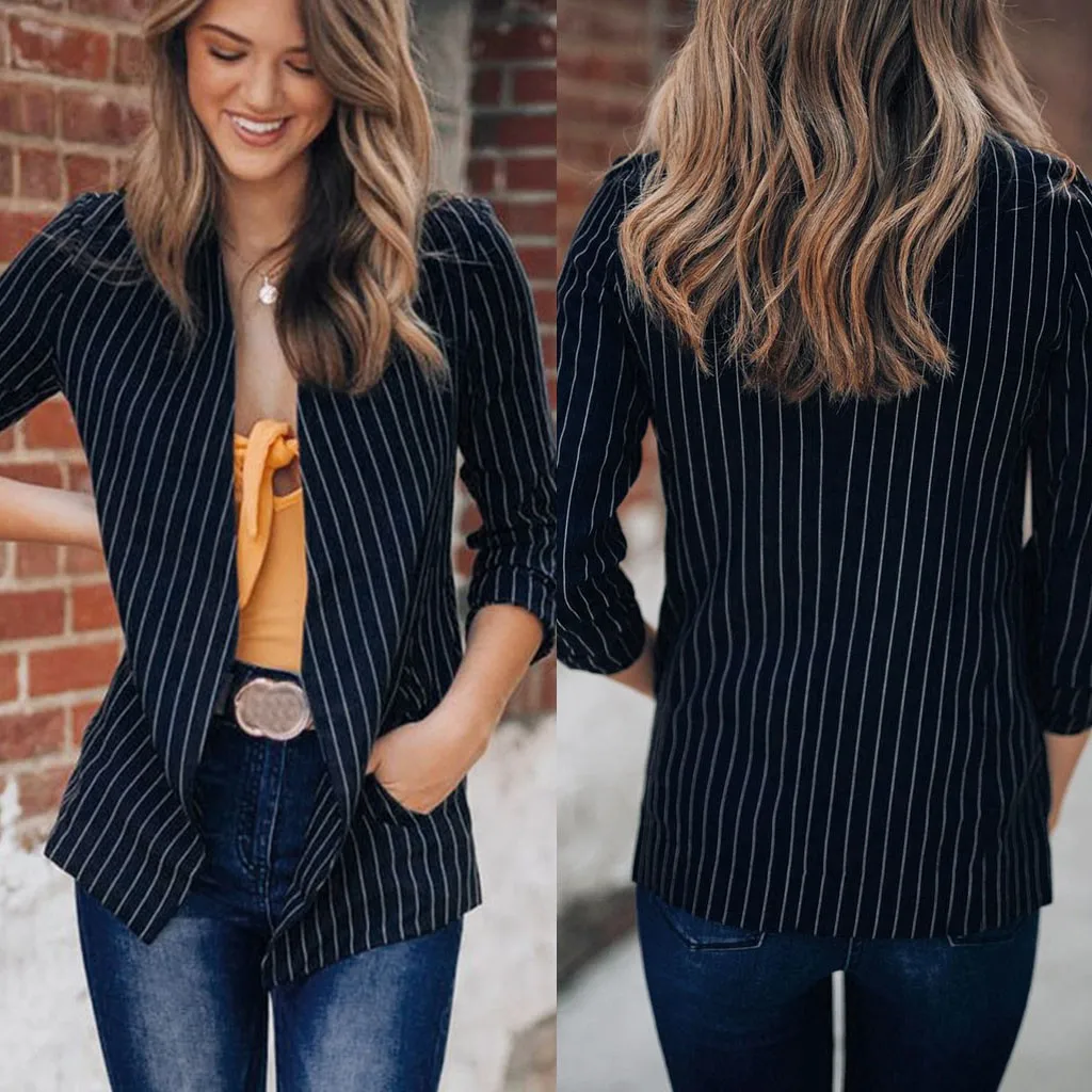 Женское пальто в полоску с длинным рукавом на пуговицах повседневное свободное