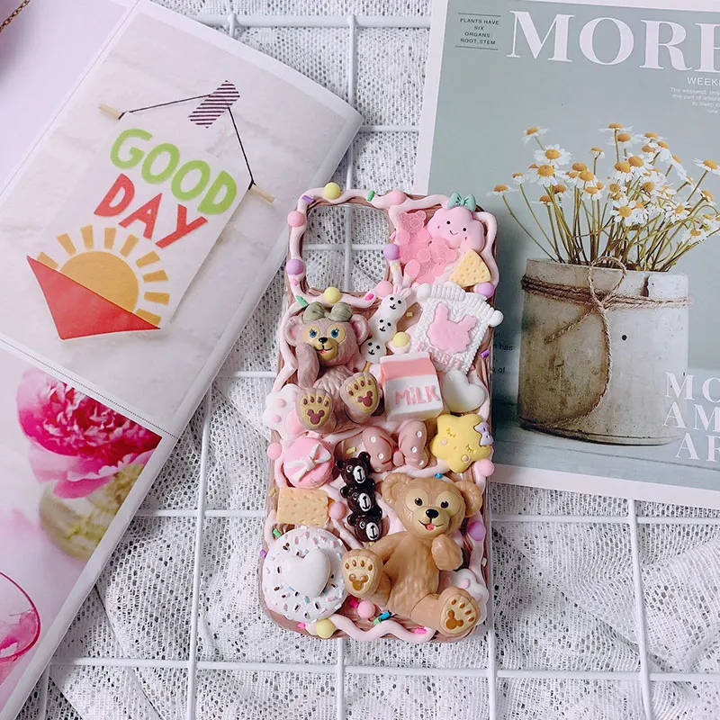 

Handmade For iPhone 12/11 pro max case 3D Caroon Bear iP 6/6s 7/8plus Kawaii phone shell 12 Mini DIY creamy cover XS MAX XR SE20