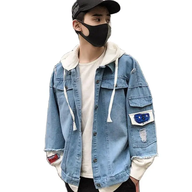 

Men Autumn Jean Jacket Retro Blue Denim Hooded Jacket For Men Slim Button Personality Fashion Denim Jacket Men Outerwear Hoodies