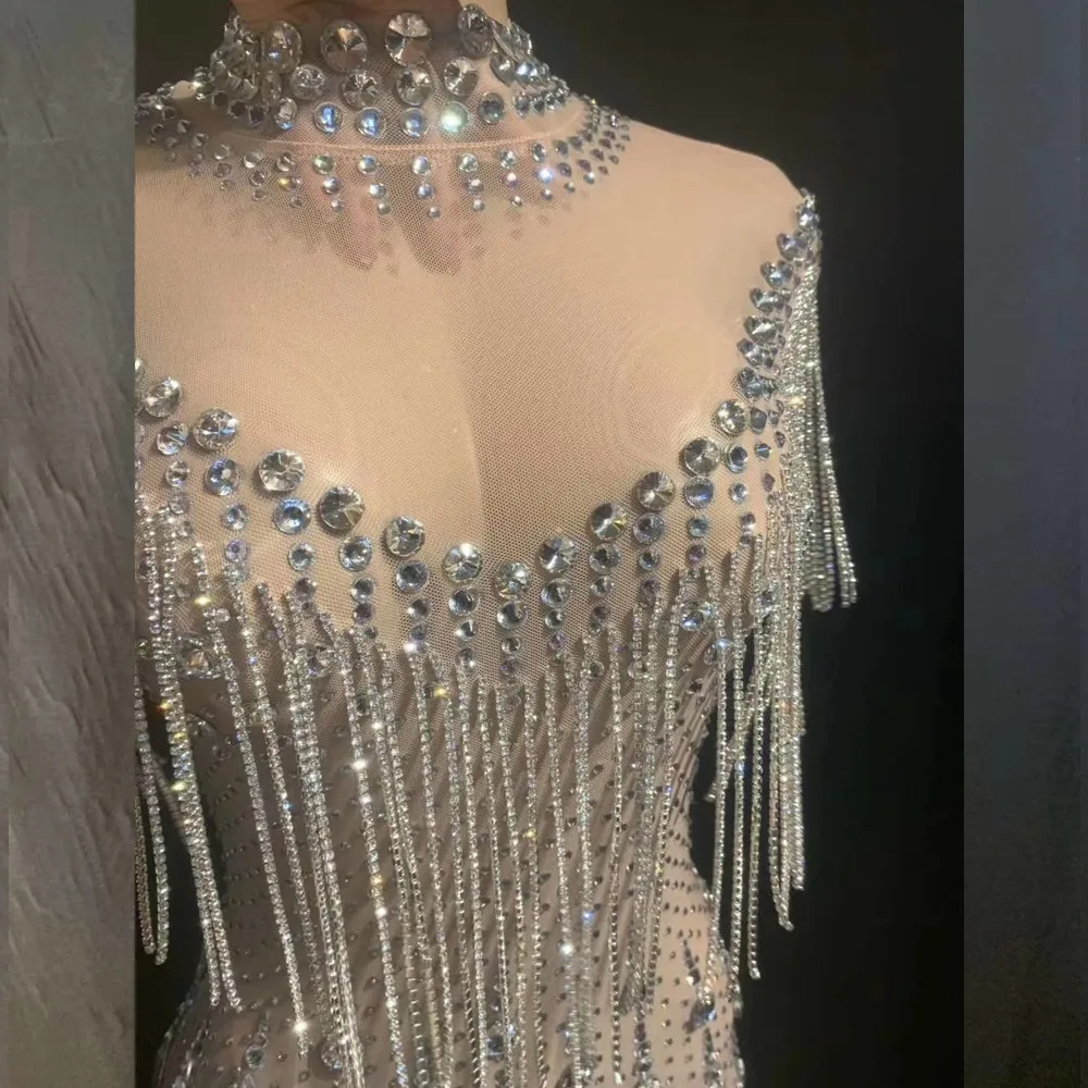 

Women Elegant Sexy Mesh Perspective Crystal Tassel Mini Dress Banquet Prom Women Dance Evening Gown Singer Stage Slim Costumes