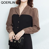 qoerlin ol formal splicing shirt female spring autumn long sleeve french retro notch collar black blouse elegant tops