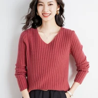womens new autumn and winter woolen sweater v neck vertical pattern loose pullover soft waxy knitted bottoming solid color top