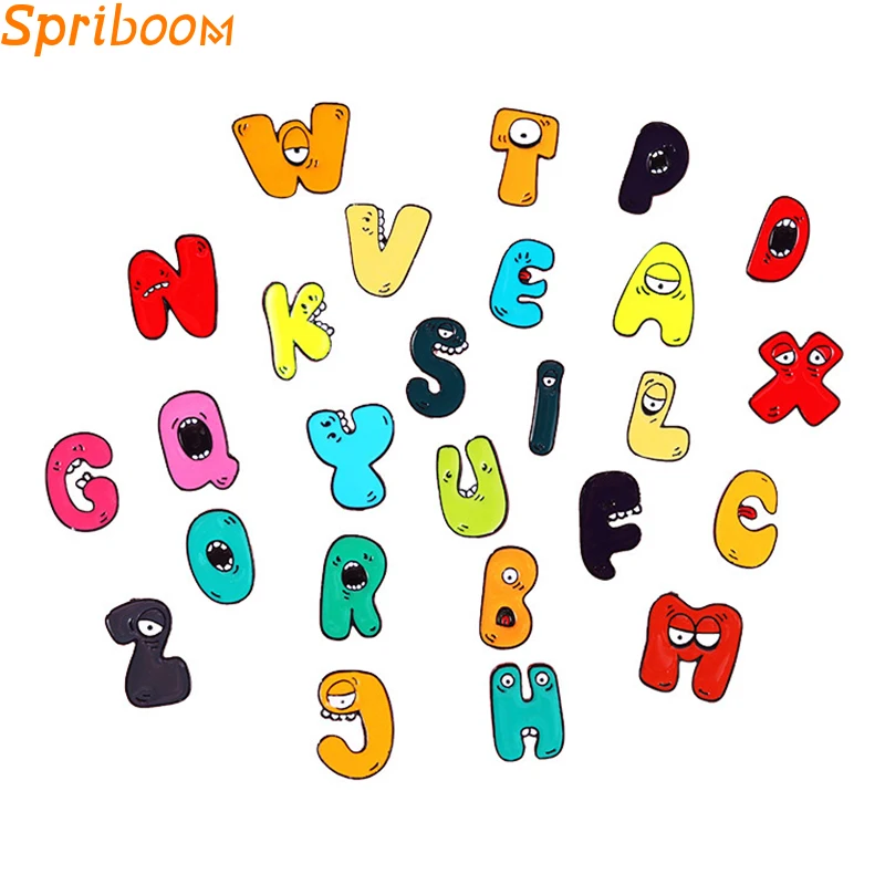 

Colorful Cartoon 26 Letters Brooch Cute Funny Face Lapel Pin Bag Badge Initial Letter Enamel Pins Children's Gifts Prize Jewelry