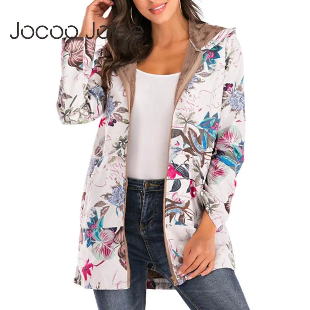 

Female Jacket Plush Coat Women's Windbreaker Winter Warm Outwear Floral Print Hooded Pockets Vintage Oversize Coats Plus Size