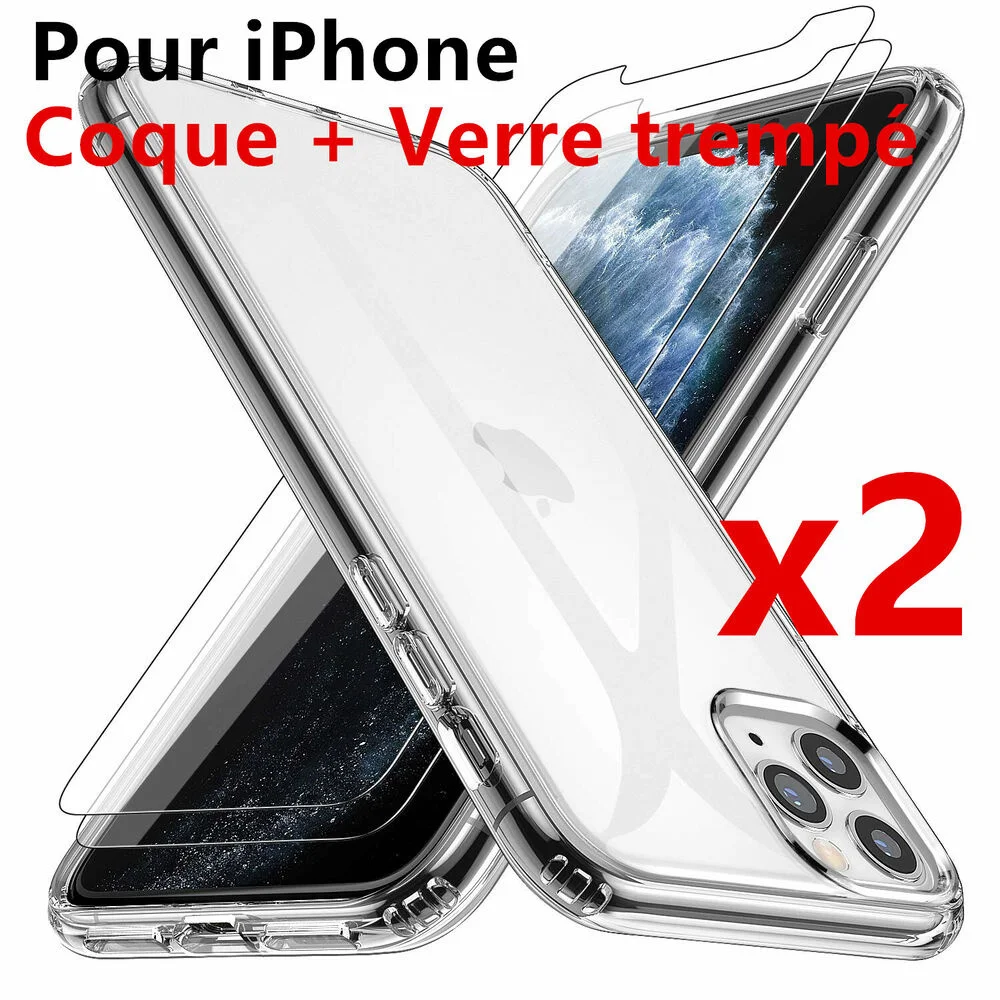 

Coque for iPhone + Verre trempé Protection écran 12/11 Pro Xs Max XR X 8 7 6s SE