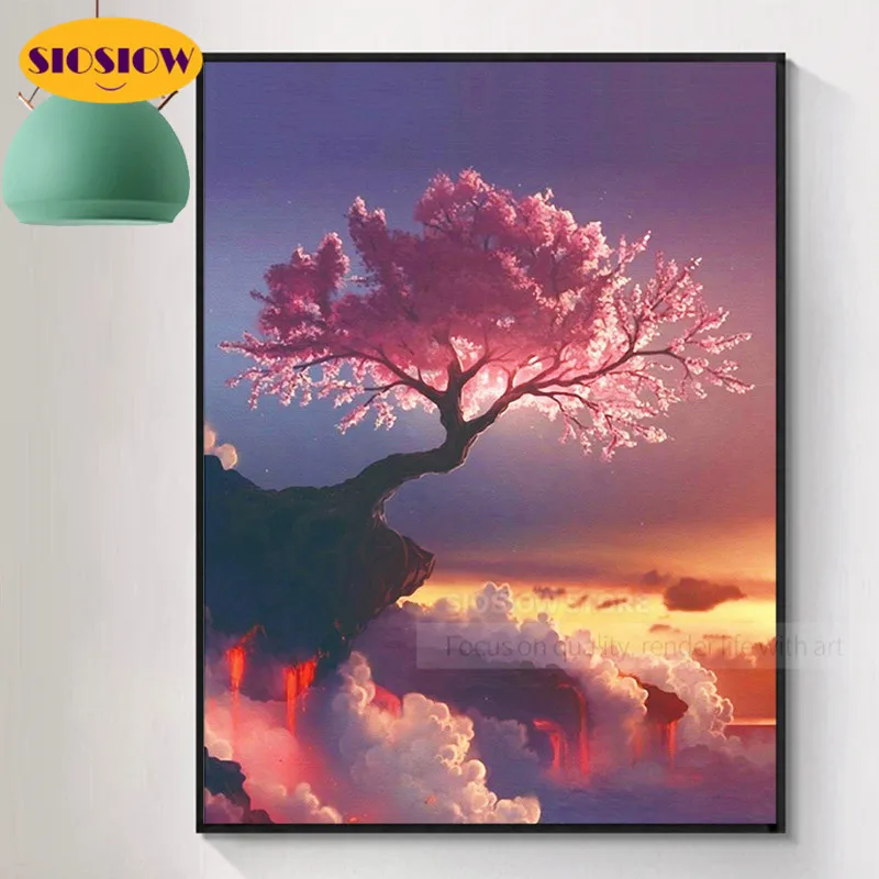 Алмазная 5d картина сделай сам с закатом пейзажем деревом полноразмерная круглая