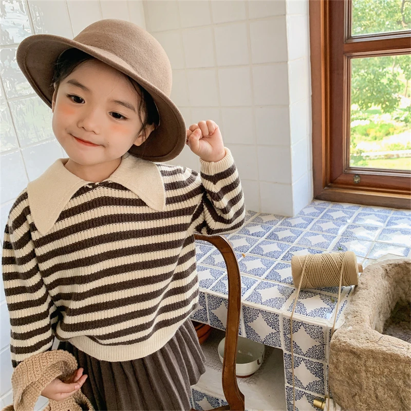 

Свитер для девочек, Детское пальто, верхняя одежда 2021, утепленная теплая осенне-зимняя вязаная куртка в полоску с глубоким круглым вырезом и...