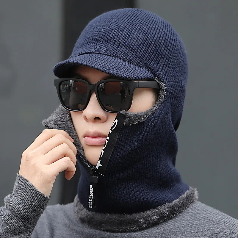 

Winter Knitted Hat with Zipper Mens Warm Wool Balaclava Scarf Caps Outdoor Sport Cycling Skiing Mask for Face Neck Cover Warmer