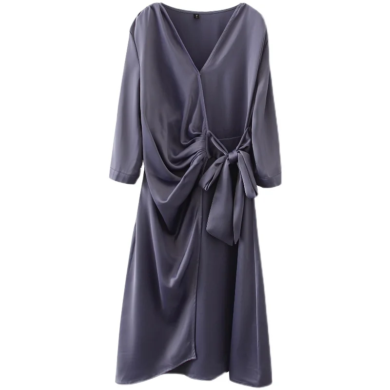 

IEQJ Loose Large V Neck Collar Satin Three Quarter Sleeve Medium Length suummer Dress For Women New Fashion Tide 2021 3GD51